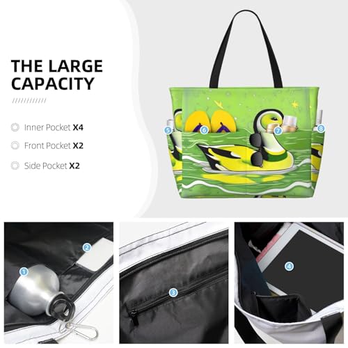 Green Duck Large Capacity Beach Travel Bag, Foldable Beach Bag with Zipper, Great for Grocery Bag Pool Gym Travel Shopping3