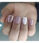 Square Press on Nails Short Fake Nails Glitter with Marbling Design Acrylic False Nails Artificia...
