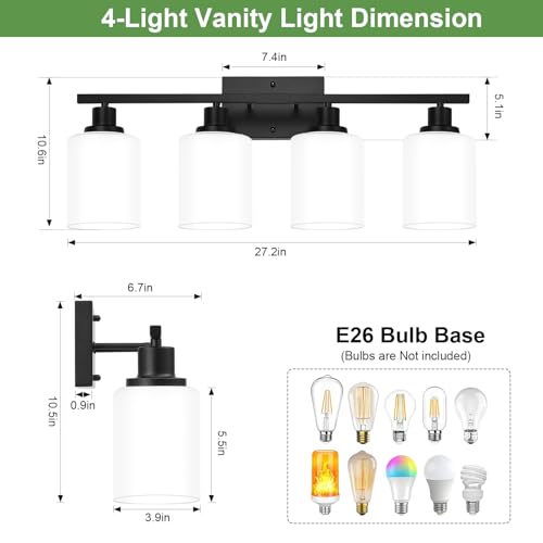 Image of MOKATNG 4-Light Bathroom Light Fixtures, Vanity Light with Milky White Shades, Matte Black Bathroom Light Fixtures Over Mirror, Modern Bathroom Wall Lamp for Mirror Living Room Cabinet Bedroom