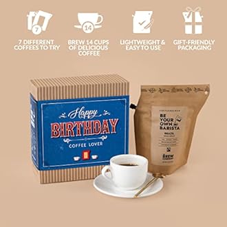 Gourmet Birthday Coffee Gift Set for Men & Women - 7 World's Finest Single Origin Specialty & Organic Coffees in Innovative Brewers | Sampler Box for Coffee Lover to Brew & Enjoy Anytime, Anywhere