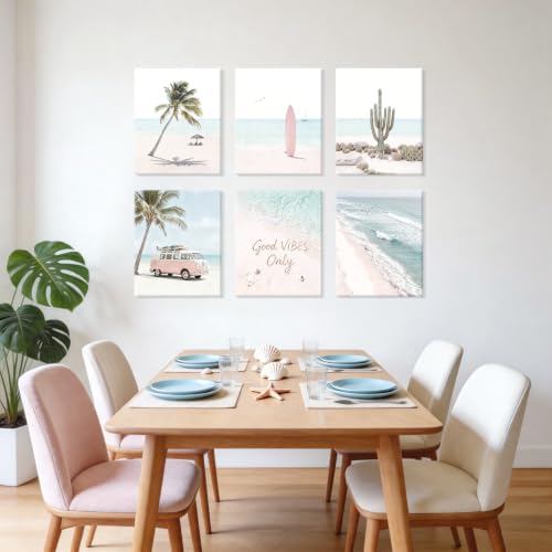 Image of CHDITB Beach Framed Canvas Wall Art,Pink Coastal Palm Tree Surf Decor