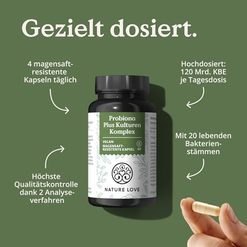 NATURE LOVE® Probiona PLUS - 120 Mrd KBE je Tagesdosis (hochdosiert) - 20 Bakterienstämme + Bio Inulin - 60 magensaftresistente Kapseln - vegan, entwickelt in Deutschland, Markenrohstoff aus Italien