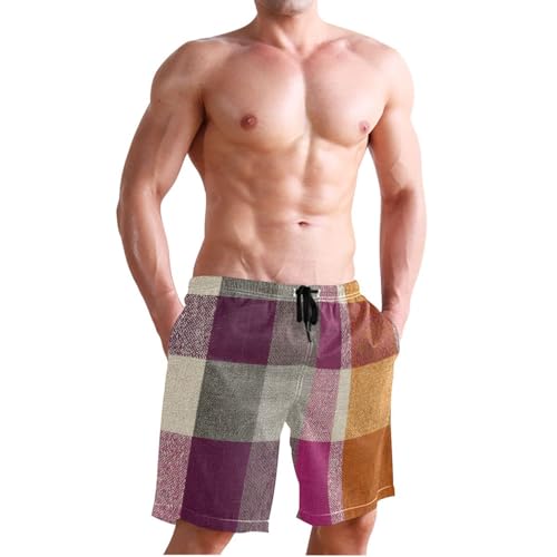 Men's Swim Trunks Orange Plaid Print, Quick Dry Beach Board Shorts with Lining-S3