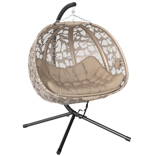 Outsunny Hängesessel, 2 Sitzer Hängestuhl mit Kissen, Hängeschaukel mit Klappbarem Sitzkorb, Seitentaschen für Indoor, Outdoor, bis 240 kg Belastbar, Polyester+Stahl, Sand