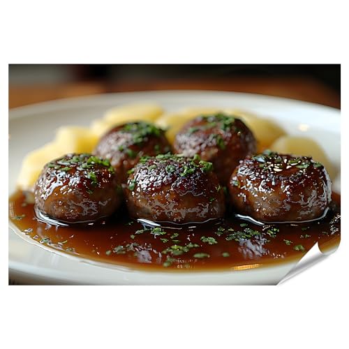 islandburner Poster XXL con immagine bianca piatto paffuto pieno di polpette succose in salsa salsa salsa cucina ristorante italiano
