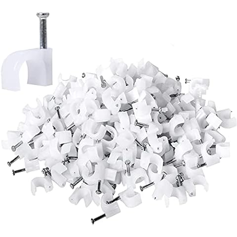 100 Pcs White Plastic U Shape Cable Wire Clips with Nails,Circle Cable Clips with Steel Nail,Nail-in Cable Clips,Cable Management for RG6 RG59 CAT5 CAT6 RJ45,10MM Cover