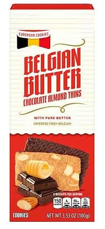 Belgian Butter Almond Chocolate Thins, European Belgium Imported Cookies, Crunchy Snack Snacking Gift Treat, Benton 3.52oz Box