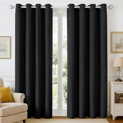 Image of Joydeco Black Curtains 96 Inch Long Blackout Curtains 2 Panels Set, Faux Linen 100% Black Out Drapes for Bedroom, Thermal Insulated Grommet Room Darkening Drapes for Living Room