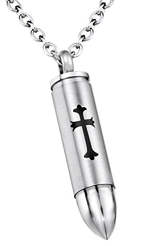 Bullet Bible Lord Prayer Cremation Jewelry Urn Necklace for Ashes Stainless Steel Memorial Cross Urn Pendant (Silver tone)