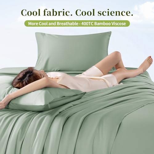 Shilucheng 100% Viscose Derived from Bamboo_ Sheets Queen Size 6pcs - Ultra Cooling & Silky Soft Bed Sheets, 16" Deep Pocket, Perfect for Hot Sleepers, Hotel Bedding Sheets (Sea Glass)