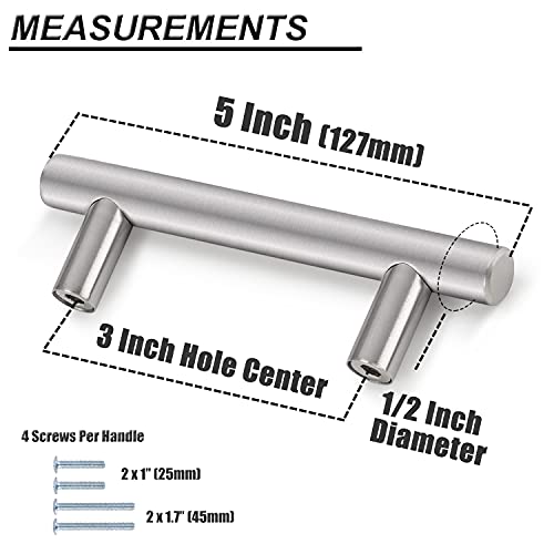 Image of Probrico 12 Pack|Brushed Nickel Modern Cabinet Cupboard Pulls in Brushed Nickel, Stainless Steel Euro Bar Kitchen Cabinet Handle Modern T Bar Dresser Pulls - 3 inch Hole to Hole, 5 inch Overal Length
