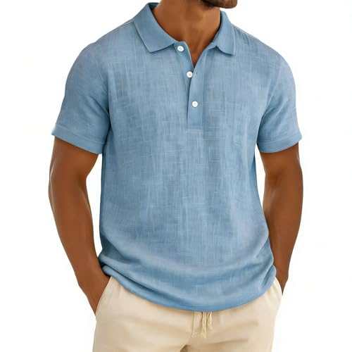 Polo casual de hombre manga corta con cuello clásico de mezcla algodón-lino, fresco y transpirable para verano miniatura 1
