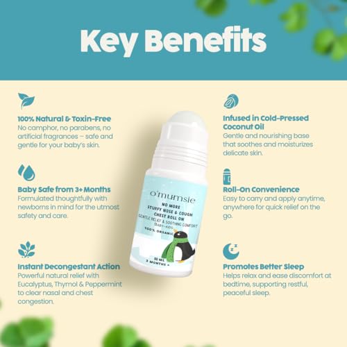 Image of Omumsie Natural Cold Relief Roll-On for Babies & Kids | Herbal Nasal Decongestant with Eucalyptus, Peppermint & Thymol | Eases Stuffy Nose, Cough & Congestion | Baby-Safe & Easy-to-Use (50ml)