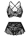 Lilosy Sexy Strappy Bralette Mini Skirt Floral Lace Mesh Sheer with Thong Otufits Lingerie Set 3 Piece Women See Through Matching Bra Panty Underwear Black Medium