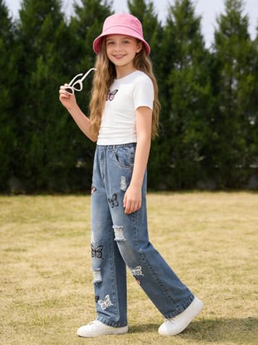 Image of Azmxynol Tween Girl Clothes Short Sleeve Top + Butterfly Design Jeans 2 Pieces Spring Summer Outfit Set, Size 6-16 Years