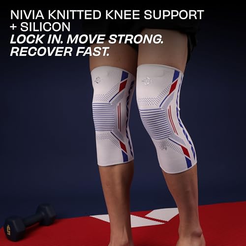 Image of NIVIA Knitted Knee Support with Silicon for Men & Women, Neoprene Compression Sleeve, Anti-Slip Grip, Heat Retention & Stability for Gym, Training, and Injury Recovery (White, Small)