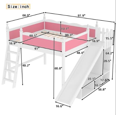 Image of Queen Size Loft Bed with Storage Shelves, Cabinet & Detachable Slide and Ladders, Solid Wood Kids Loft Bed for Space-Saving, Playful & Organized Bedroom (Light White+Pink1, Queen)