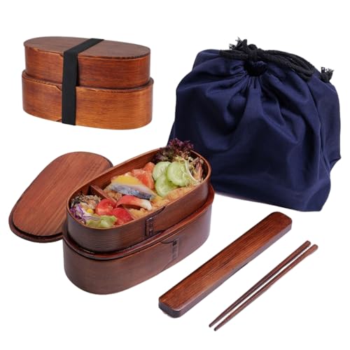 Monetais Boîte à déjeuner japonaise à 2 niveaux, conteneurs déjeuner en bois naturel avec vaisselle et sac de rangement, Portable pour femmes, hommes,...