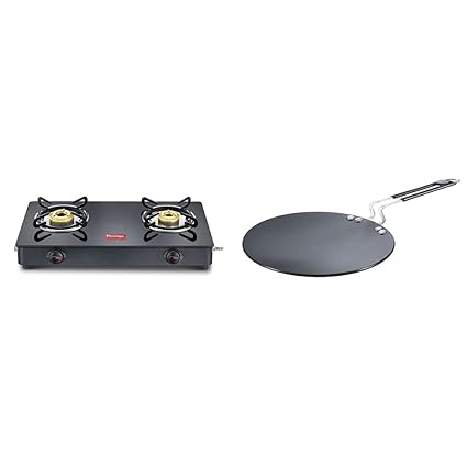 Prestige Magic LP Gas Stove gtmc 02 with Powder Coated Body Glass Glass Top, 2 Brass Burner & Hard Anodised Plus Cookware Induction Base Roti Tawa, 225mm, Black Combo