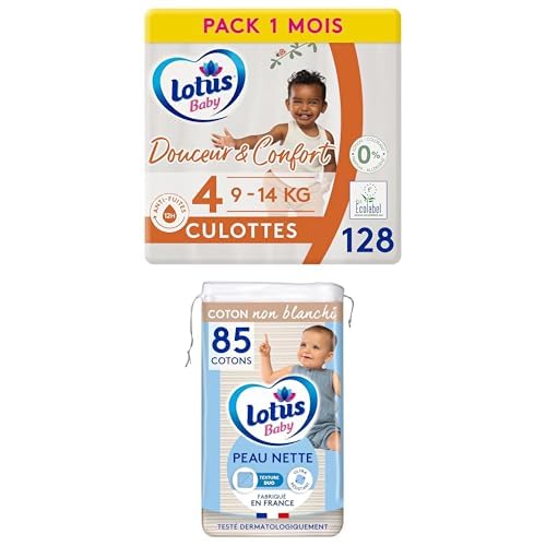 Lot Lotus Baby Douceur & Confort - Culottes Taille 4 (9-14 kg) Pack 1 mois - 128 culottes + Lotus Baby Peau Nette - Cotons bébé - 85 Cotons