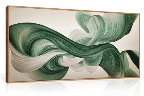 Image of KAIRNE Green Abstract Framed Canvas Wall Art Set,Minimalist Green Lines Wall Decor,Modern Flowing Texture Art Prints,Neutral Smokes Waves Artwork for Living Room,Bedroom,Farmhouse,Office-40 x20 x1