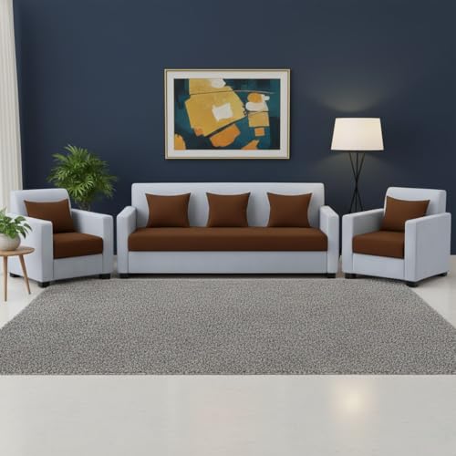Image of FURNY Lexon 5 Seater Fabric 3+1+1 Sofa Set (Brown-Light Grey) Premium Velvet Finish | Durable & Comfortable | Ideal for Living Room