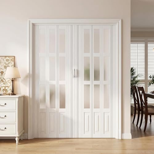 Foldable Doors, Accordion Doors Interior Preassembled Frosted Glass PVC Folding Door with Magnetic Closure for Closet Wardrobe Bathroom Doorways(51x80in(130x203cm))