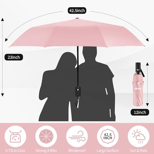 Image of Seniny Windproof Travel Umbrella, Automatic Umbrellas for Rain, Portable & Compact Umbrellas for Backpack, Strong UV for Protection, Folding Small Sun Umbrella for Car, Walking, Coral Pink, 38 inches