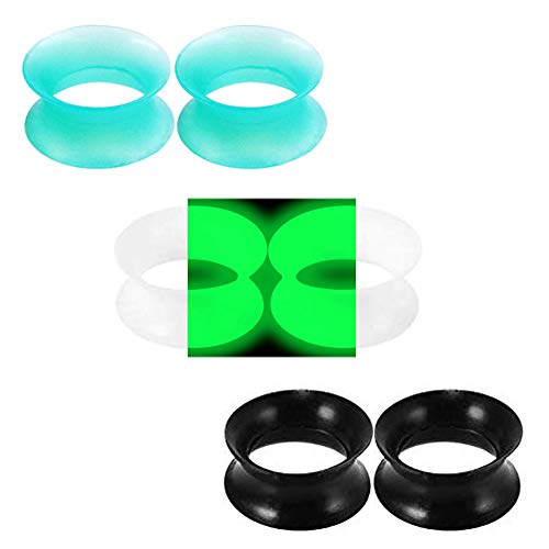 Longbeauty 3 Pairs Black Luminous Turquoise Thin Silicone Double Flared Flexible Tunnels Ear Skin Stretcher Plugs Gauges Kit Piercing