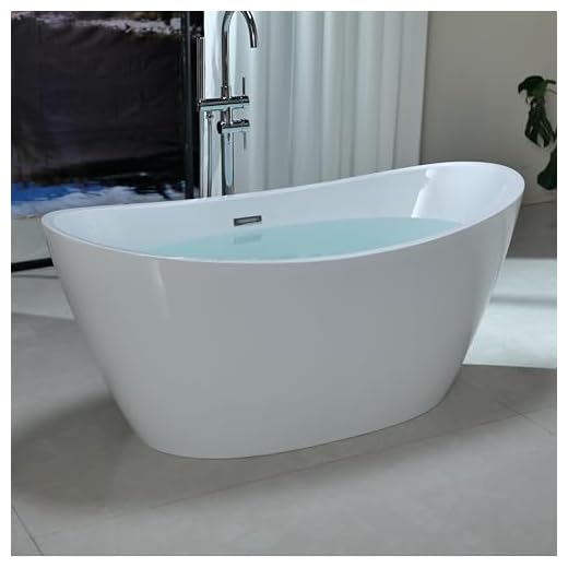 Empava Freestanding Bathtub, Flatbottom Acrylic Soaking Tub, Contemporary Stand Alone Design with Brushed Nickel Drain & Overflow, Glossy White, cUPC Certified, 59 Inch