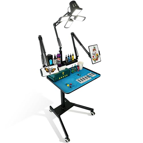 GBK Tattoo Workstation & Trolley Mobile Tattoo Tray Cart with LED Light Adjustable Heavy Duty Tattoo Table & Workbench Tablet & Phone Holders Pigment Organiser
