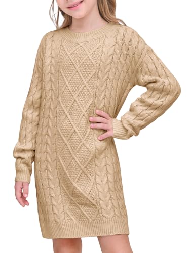 rrhss Girls Cable Knit Long Sleeve Sweater Dress Kids Fashion Fall Tunic Tops Outfits 3-12 Years Khaki