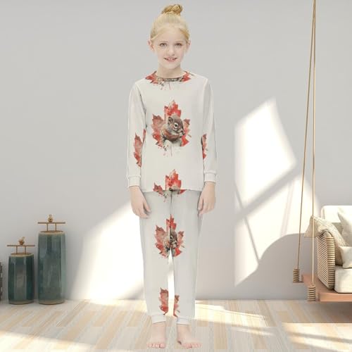 Canada Maple Leaf SquirrelGirls Pajamas, Long-sleeved Casual Pajamas And Home Clothes7-9Y（120cm）3