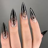 24 Pcs Mermaids Press on Nails Glossy Black Ink Gradient Acrylic False Nails Long Stiletto Fake Nail French Tips Gel Glue on Nail Ombre Stick on Fingernails for Coquette Women Girls