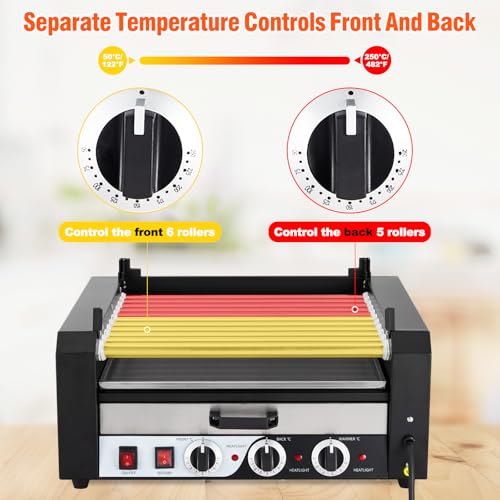 Electric Hot Dog Roller, 11 Rollers Hot Dog Machine, 30 Hot Dogs Capacity, Grill Warmer With Independent Temperature Control, Detachable Glass Hood Cover & Oil Drip Tray, 5-8 Min Quick Cooking