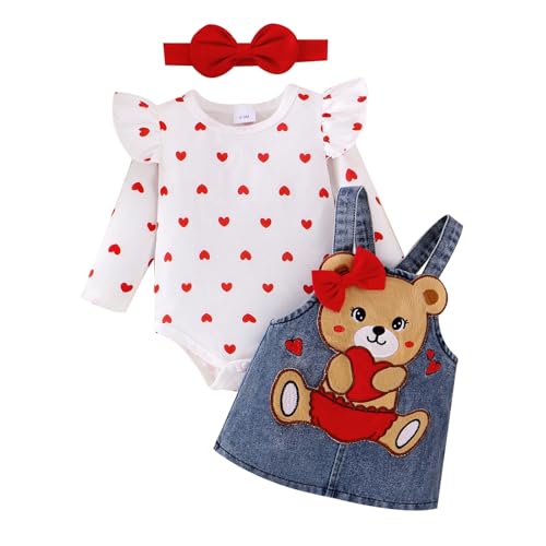 Baby Girl Clothes Fall Winter Outfits Long Sleeve Romper Bear Cartoon Suspender Skirt Bow Headband Set 0-18 Months