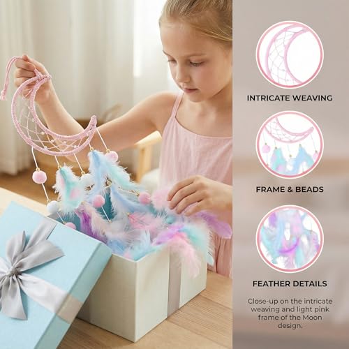 Culinavog 3 Stück Traumfänger Mädchen, Traumfängers in Stern-, Mond und Katzeform, 56cm traumfänger groß mit Feder-Dekoration für Kinder Schlafzimmer Home Decor Segen Geschenk Party(PINK)