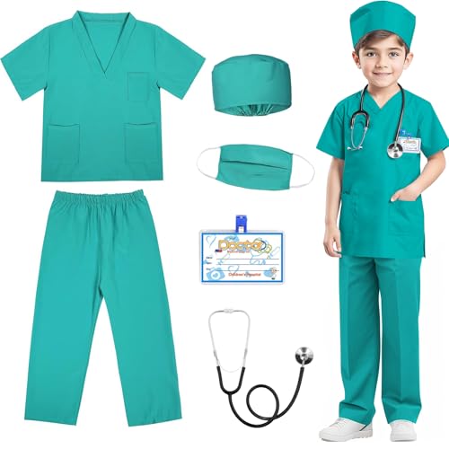 RioRand Costume da medico per bambini, infantile, infermiera, scrub con accessori, Halloween, cosplay, travestimento, medico, set da gioco per ragazzi e ragazze, 3-11 anni
