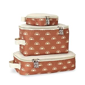 Itzy Ritzy Packing Cubes – Set of 3 Packing Cubes or Travel Organizers; Each Cube Features a Mesh Top, Double Zippers and a Fabric Handle; Terracotta Sunrise