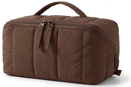 BAGSMART Travel Makeup Bag for Women, Portable Water-resistant Cosmetic Case, Puffy Padded Make Up Organizer Pouch, Open Flat Toiletry Bag for Toiletries, Brushes, Khaki