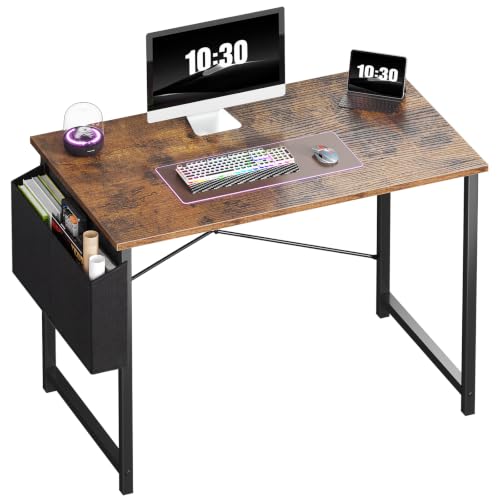 Image of OLIXIS Small Computer Desk, 40 Inch Gaming Desks for Home Office | Writing Study Craft Work Table, Computer Workstation for Bedroom Small Spaces with Storage Bag, Brown