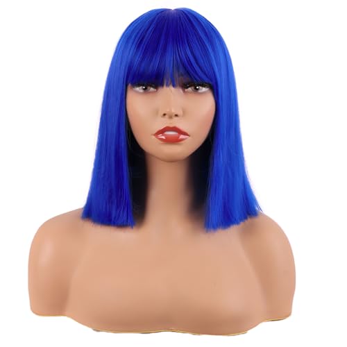MapofBeauty 12 Pouces/30 cm Droit Bob Avec Flat Frange Court Coloré Synthétique Cheveux Cosplay Fête Perruque (Marine Bleu)