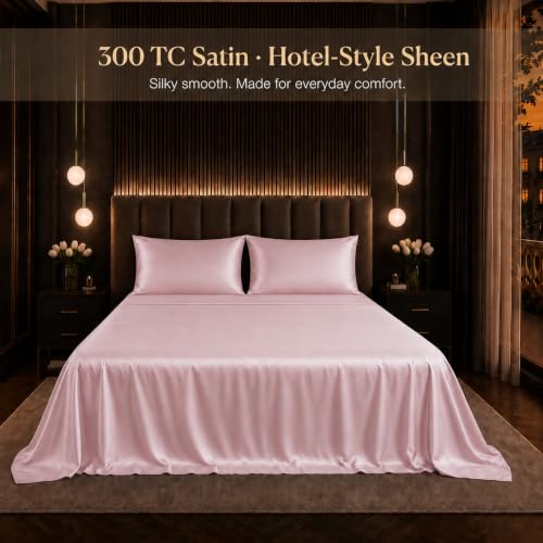 Image of Cloth Fusion Flat Satin Bedsheet Super King Size 108x108 inch | Baby Pink, 2 Pillow Covers, 300 TC, Glossy Finish, Smooth on Hair and Skin, Gift for Couples, Wedding & Anniversary
