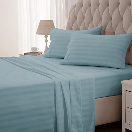 SLEEP ZONE Striped Cooling Queen Sheets Set - Fitted Flat Sheet & Pillowcase Sets 4 Piece - Super Soft Stripe Bed Sheet, Easy Care, Deep Pocket (Flint Blue, Queen)