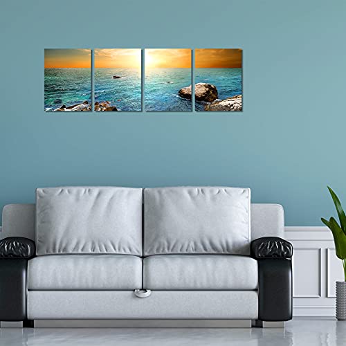 Sunrise Turquoise Sea 4 Panel Canvas Wall Art Ocean Prints Pictures Painting Framed For Kitchen Bathroom Bedroom Living Room Office Home Decor Holiday Gifts For Women Men 12"X16" #TOP1
