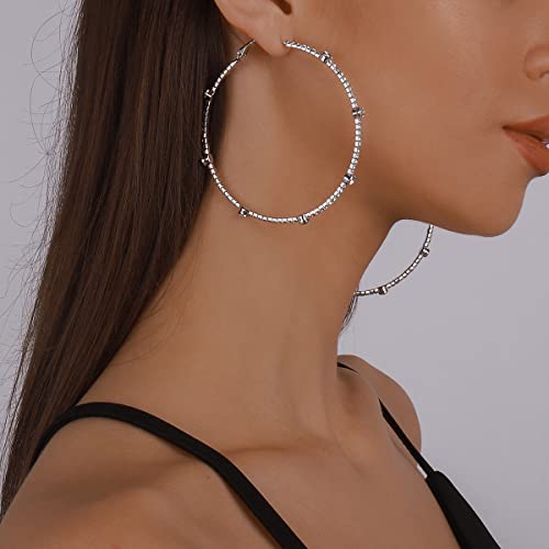 Jumwrit Big Rhinestone Hoop Earrings Large Round Circle Earrings Chain Dangle Earrings Sparkle Stud Earrings for Women（Silver）4
