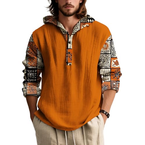 Aztec Hoodies for Men Fall Casual Long Sleeve Button Sweatshirts Vintage Graphic Western Cowboy Hooded Sweatshirts