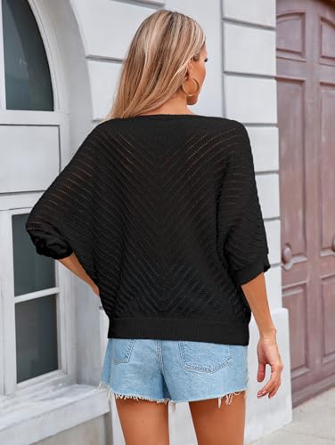 Image of Libsorge Womens Sexy V Neck 3 /4 Sleeve Sweater Spring 2025 Trendy Dressy Casual Outfits Lightweight Crochet Knit Pullover Top