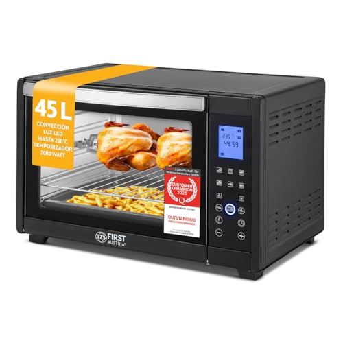 TZS First Austria - Mini Horno 45L 2000W Pantalla digital - Minihorno para pizza hasta 230°C y 8 modos - Con temporizador de 180 min, 4 alturas de inserción, bandeja, rejilla y asador giratorio