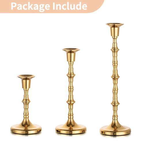 Nuptio Brass Candlestick Holders for Centerpiece: Set of 3 Gold Taper Candle Stick Holders for Home Dining Table Fireplace Decor by NUPTIO - Image 7